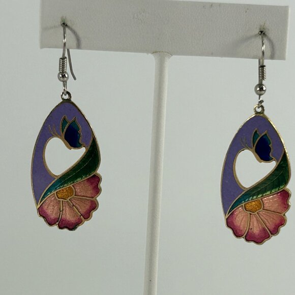 Purple Green Enamel Butterfly Flower Dangle Earrings Teardrop Shape Silver Tone - Picture 7 of 7
